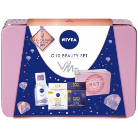 Nivea Q10 Beauty Q10 Power zpevňující denní krém proti vráskám pro ženy 50 ml + Q10 Power zpevňující noční krém 50 ml + micelární voda 100 ml + plechová krabička, kosmetická sada