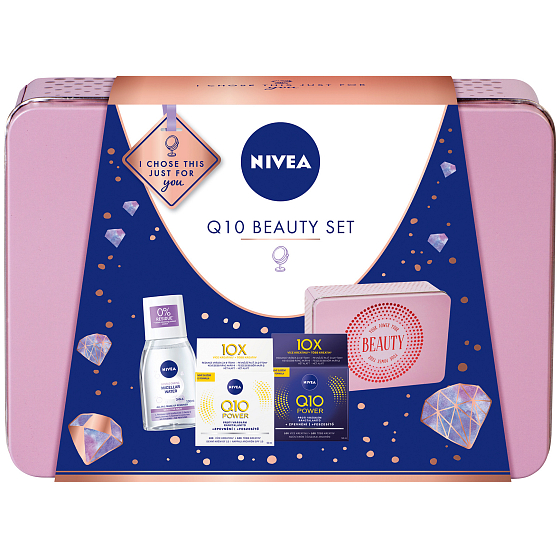 Nivea Q10 Beauty Q10 Power zpevňující denní krém proti vráskám pro ženy 50 ml + Q10 Power zpevňující noční krém 50 ml + micelární voda 100 ml + plechová krabička, kosmetická sada