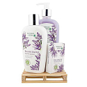 Bohemia Gifts Botanica Levandule tekuté mýdlo 300 ml + tělové mléko 250 ml + tuhé mýdlo 100 g, dřevěná paleta kosmetická sada