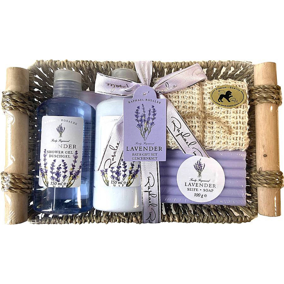 Raphael Rosalee Levandule sprchový gel 150 ml + tělové mléko 150 ml + toaletní mýdlo 100 g + masážní žínka + ošatka, kosmetická sada