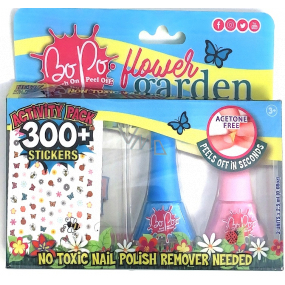 Bo-Po Flower lak na nehty slupovací světle modrý 2,5 ml + lak na nehty slupovací světle růžový 2,5 ml + nálepky na nehty, kosmetická sada pro děti