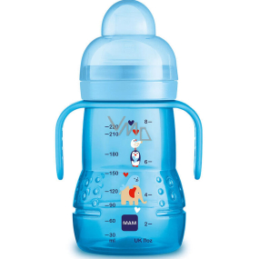 Mam Trainer láhev pro snadný přechod od kojení nebo lahve k hrnku 4+ měsíců Modrá 220 ml