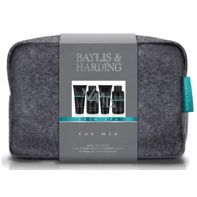 Baylis & Harding Men Jantar a Santalové dřevo tekuté mýdlo na tělo i vlasy 100 ml + mycí gel na obličej 100 ml + balzám po holení 50 ml + sprchový gel 50 ml + větší šedá toaletní taška kosmetická sada pro muže