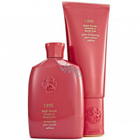 Oribe Bright Blonde šetrný šampon pro zářivou barvu blond vlasů 250 ml + výživný kondicionér pro zářivou barvu blond vlasů 200 ml + papírová taška, kosmetická sada
