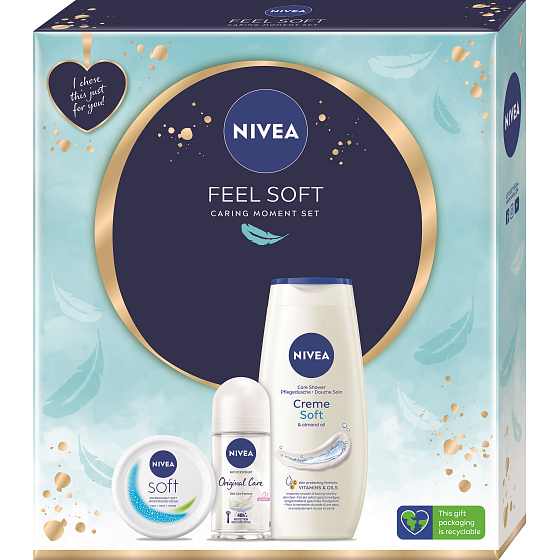 Nivea Feel Soft Soft svěží hydratační krém pro celé tělo, tvář i ruce 100 ml + Original Care kuličkový antiperspirant roll-on 50 ml + Creme Soft sprchový gel 250 ml, kosmetická sada pro ženy