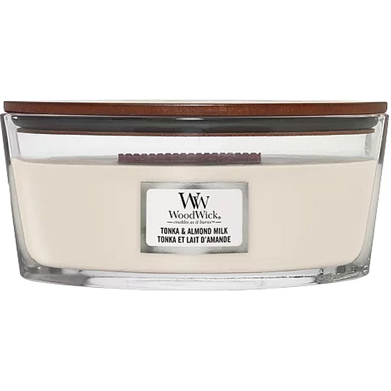 WoodWick Tonka & Almond Milk - Tonka a mandlové mléko vonná svíčka s dřevěným širokým knotem a víčkem sklo loď 453 g