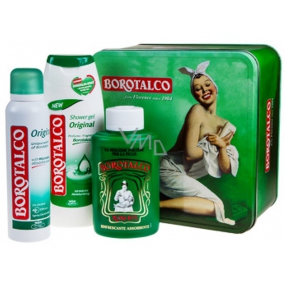Borotalco Original deodorant sprej 150 ml + sprchový gel 250 ml + Talcum tělový pudr s přírodním mastkem 100 g, umisex kosmetická sada v plechové dóze