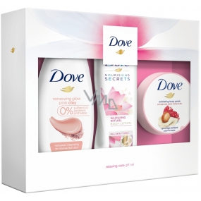 Dove Glowing Clay sprchový gel pro ženy 250 ml + Nourishing Secrets Glowing Ritual tělové mléko 250 ml + Pomegranate Seeds & Shea Butter Scent tělový peeling 225 ml, kosmetická sada