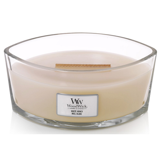 WoodWick White Honey - Bílý med vonná svíčka s dřevěným širokým knotem a víčkem loď 453 g