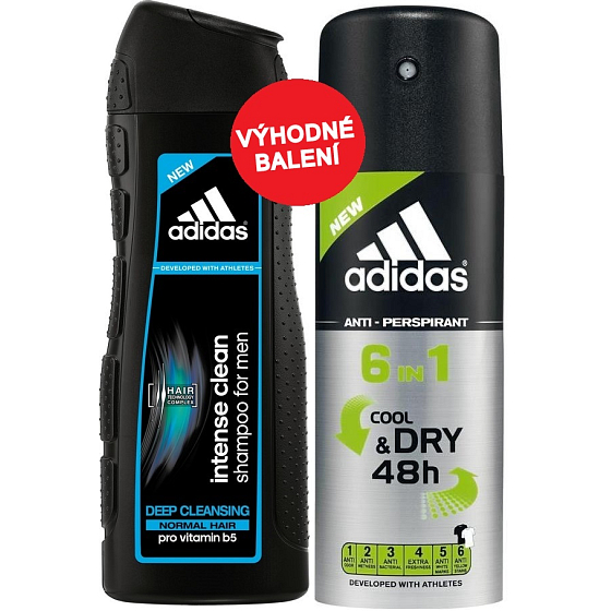 Adidas Cool & Dry 48h 6v1 antiperspirant deodorant sprej pro muže 150 ml + Adidas Intense Clean šampon pro normální vlasy pro muže 200 ml, kosmetická sada
