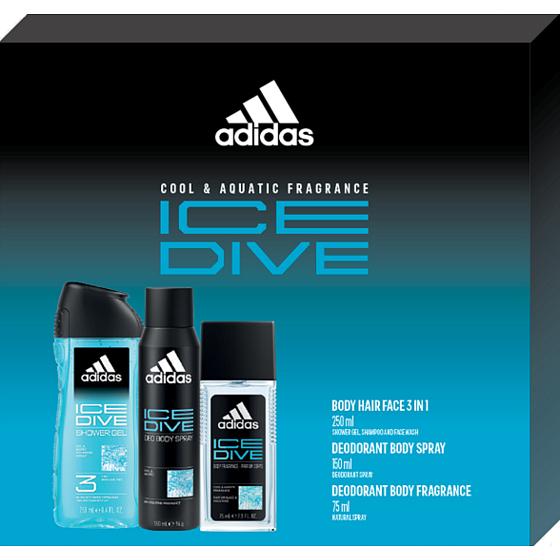 Adidas Ice Dive parfémovaný deodorant sklo 75 ml + deodorant sprej 150 ml + sprchový gel 250 ml, kosmetická sada pro muže