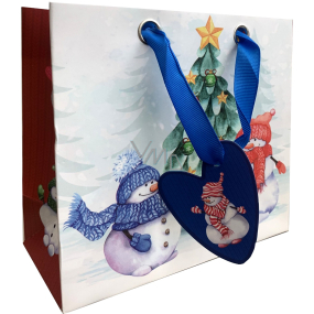 Nekupto Dárková papírová taška luxusní 18 x 16 cm Vánoční sněhuláci se šálou