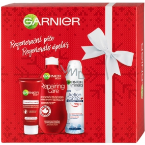 Garnier Regenerační péče tělové mléko 400 ml + Action Control deodorant sprej 150 ml + regenerační krém na ruce 100 ml, kosmetická sada