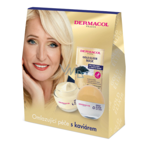 Dermacol Gold Elixir SPF10 omlazující kaviárový denní krém 50 ml + omlazující kaviárový noční krém 50 ml + omlazující maska s kaviárem 2 x 8 g, kosmetická sada pro ženy