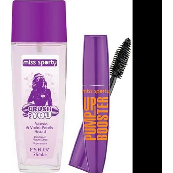Miss Sporty Love 2 Love Crush On You parfémovaný deodorant sklo pro ženy 75 ml + Pump Up Booster řasenka Extra Black 12 ml, kosmetická sada