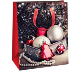 Ditipo Dárková papírová taška 26,4 x 13,6 x 32,7 cm Glitter Vánoční černočervená - stříbrné a červené baňky