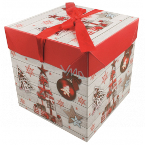 Dárková krabička skládací s mašlí Vánoční s dárky a ozdobami 16,5 x 16,5 x 16,5 cm