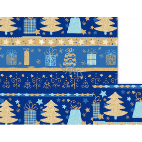 Nekupto Dárkový balicí papír 70 x 200 cm Vánoční Modrý se stromky a dárky