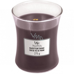 WoodWick Black Plum Cognac - Koňak z černých švestek vonná svíčka s dřevěným knotem a víčkem sklo střední 275 g