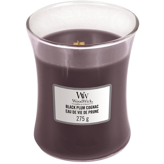 WoodWick Black Plum Cognac - Koňak z černých švestek vonná svíčka s dřevěným knotem a víčkem sklo střední 275 g