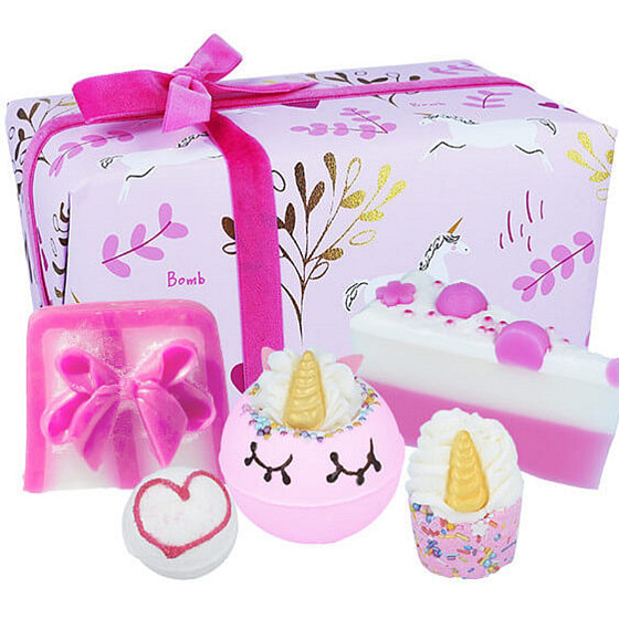 Bomb Cosmetics Unicorn Sparkle šumivý balistik do koupele 160 g + glycerinové mýdlo 2 x 100 g + malá kulička do koupele 30 g + špalíček do koupele 50 g, kosmetická sada