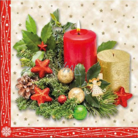 Aha Papírové ubrousky 3 vrstvé 33 x 33 cm 20 kusů Vánoční červená, zlatá svíčka, jehličí