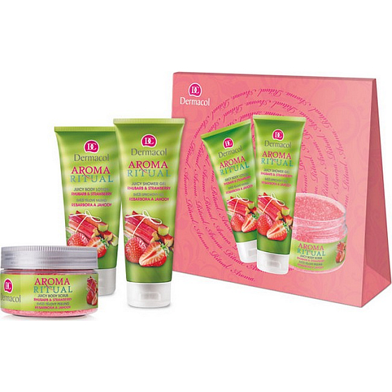 Dermacol Aroma Ritual Rebarbora a Jahody Svěží sprchový gel 250 ml + tělové mléko 200 ml + tělový peeling 200 g, kosmetická sada