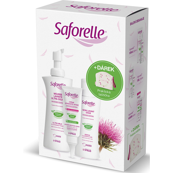 Saforelle Jemný mycí gel na intimní hygienu a hygienu celého těla 100 ml + Ultra jemná čistící pěna 250 ml + krém 40 ml + taštička, kosmetická sada