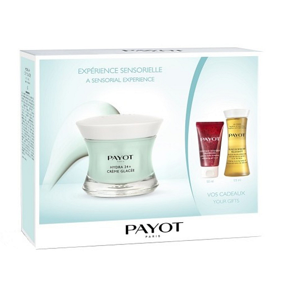 Payot Hydra24+ Glaceé hydratační gel-krém 50 ml + Gommage Douceur Framboise abrazivní olejové želé 50 ml + Huile de Douche sprchový olej 125 ml, kosmetická sada