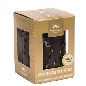 WoodWick Vanilla Bean - Vanilkový lusk vonná svíčka s dřevěným knotem petite 3 x 31 g + Zářící list svícen, dárkový set