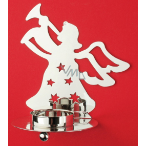 Svícen kovový anděl s trubkou, na čajovou svíčku stříbrný, 12 cm