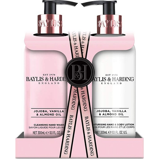 Baylis & Harding Jojoba, Vanilka a Mandlový olej mycí gel dávkovač 300 ml + tělové mléko dávkovač 300 ml, kosmetická sada