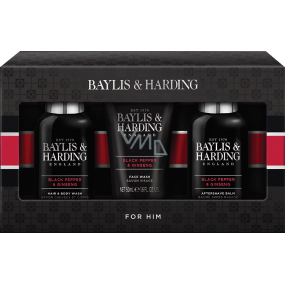 Baylis & Harding Men Černý pepř a Ženšen mycí gel na tělo a vlasy 100 ml + balzám po holení 100 ml + mycí gel na obličej 50 ml, kosmetická sada