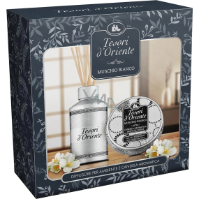 Tesori d Oriente Muschio Bianco aroma difuzér s tyčinkami pro postupné uvolňování vůně 250 ml + vonná svíčka v plechové dóze 109 g, dárková sada pro ženy