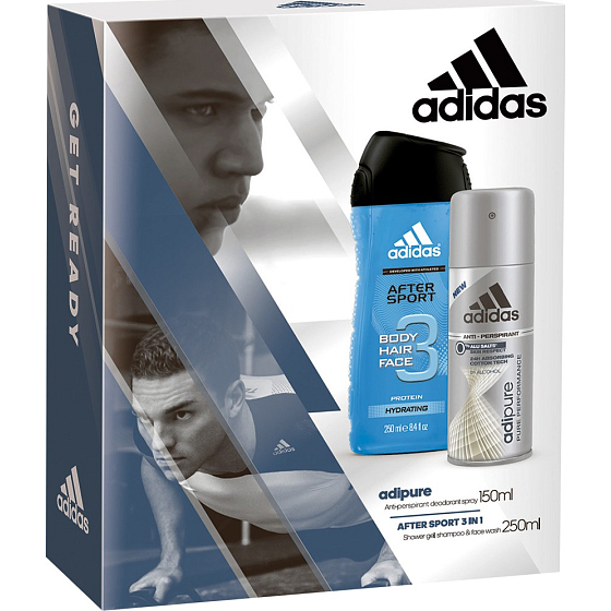 Adidas Adipure antiperspirant deodorant sprej pro muže 150 ml + After Sport 3v1 sprchový gel na tělo, tvář, vlasy 250 ml, kosmetická sada