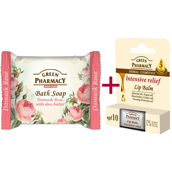 Green Pharmacy Intensive Relief 5 Oils balzám na rty 2 x 3,6 g + Damašská růže a Bambucké máslo toaletní mýdlo 100 g, kosmetická sada
