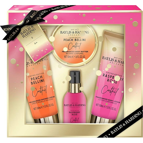 Baylis & Harding Koktejlová hodina Broskvové Bellini sprchový krém 100 ml + Malinová růžeé tělové mléko 100 ml + Malinová růže tělový sprej 50 ml + Broskvové Bellini tělové máslo 50 ml, kosmetická sada