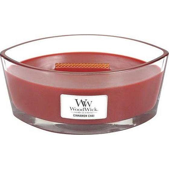 WoodWick Cinnamon Chai - Skořice a vanilka vonná svíčka s dřevěným širokým knotem a víčkem sklo loď 453 g