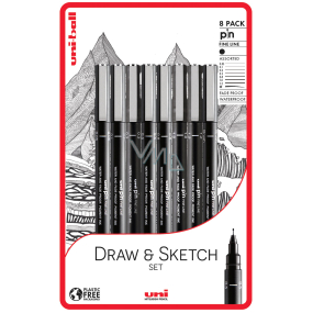 Uni Pin Draw & Sketch Calligraphy Sada kreslících linerů se speciálním inkoustem 0,05/0,1/0,3/0,5/0,8/1,0/1,2/štětec Černá 8 kusů