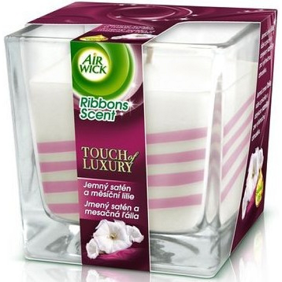 Air Wick Touch Of Luxury Jemný satén a Měsíční lilie vonná svíčka ve skle 180 g