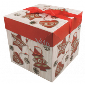 Dárková krabička skládací s mašlí Vánoční s červenými ozdobami 16,5 x 16,5 x 16,5 cm