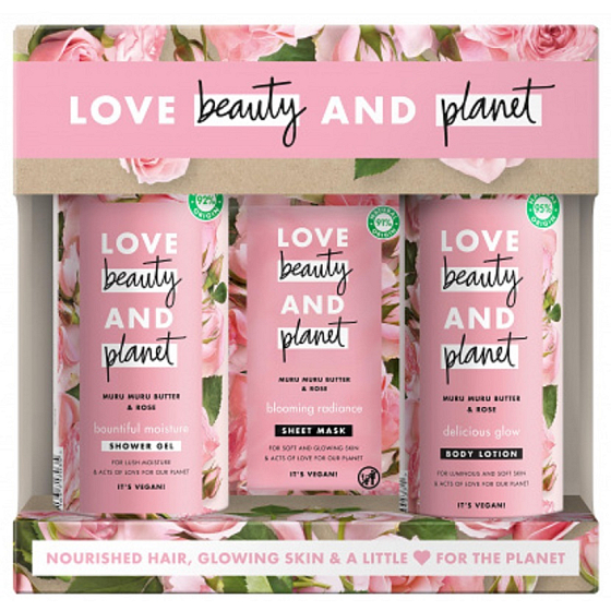 Love Beauty & Planet Murumurské máslo a Růže sprchový gel 400 ml + tělové mléko 400 ml + textilní pleťová maska pro rozjasnění pleti 21 ml, kosmetická sada pro ženy