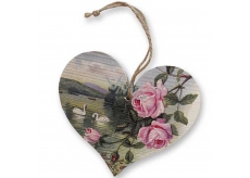 Bohemia Gifts Dřevěné dekorační srdce s potiskem Růže a labutě 13 cm