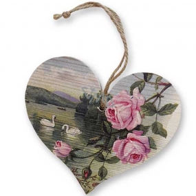 Bohemia Gifts Dřevěné dekorační srdce s potiskem Růže a labutě 13 cm