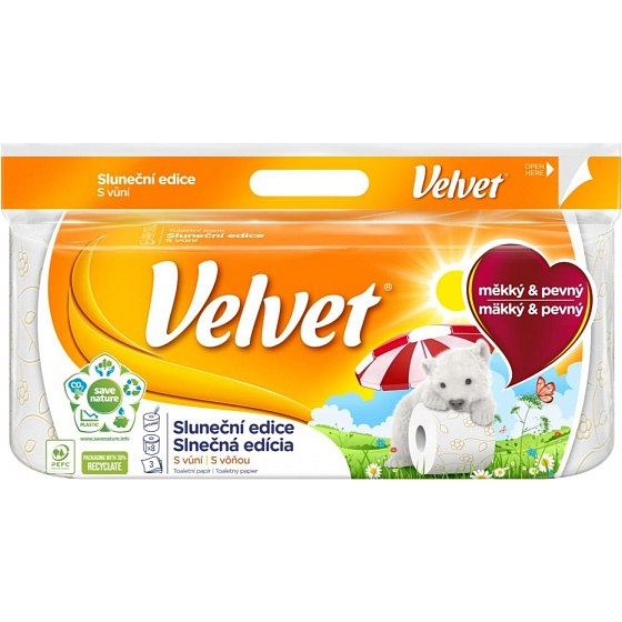 Velvet Sluneční edice jemný bílý toaletní papír s květinovým potiskem a s vůní 3 vrstvý 8 kusů