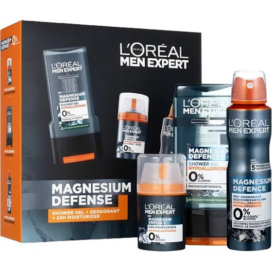 Loreal Paris Men Expert Magnesium Defence sprchový gel 300 ml + deodorant sprej 150 ml + hydratační krém pro ciltivou pleť 50 ml, kosmetická sada pro muže