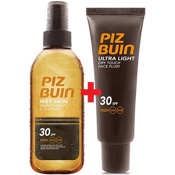 Piz Buin Wet Skin SPF30 transparentní sluneční sprej 150 ml + SPF30 Fluid na opalování pleti 50 ml, duopack