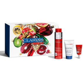 Clarins Men Energizing Essentials energizující pleťový gel 50 ml + čisticí pěnivý gel 30 ml + energizující oční gel-krém proti známkám únavy 3 ml + kosmetická taška, kosmetická sada pro muže