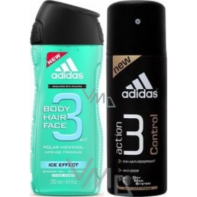 Adidas Ice Effect 3v1 sprchový gel na tělo, vlasy a tvář pro muže 250 ml + 3 Control antiperspirant deodorant sprej 150 ml, kosmetická sada