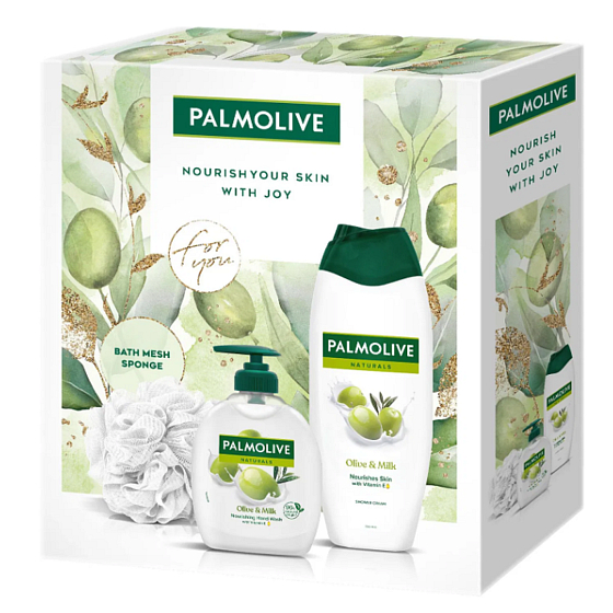 Palmolive Naturals Olive & Milk tekuté mýdlo 300 ml + sprchový gel 500 ml + mycí houba, kosmetická sada